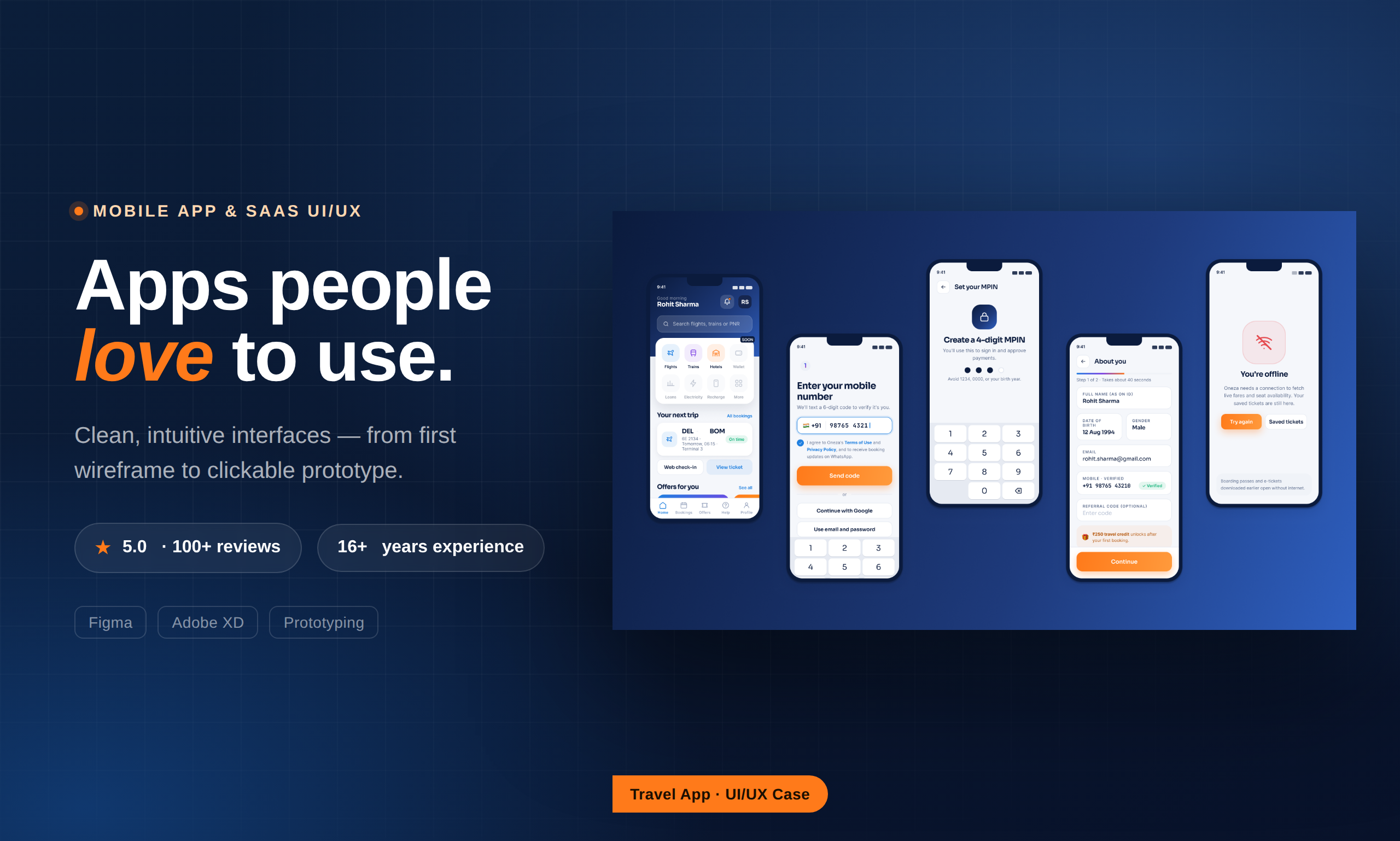 Flight booking app screens: home, phone sign-in, MPIN setup, profile and offline state